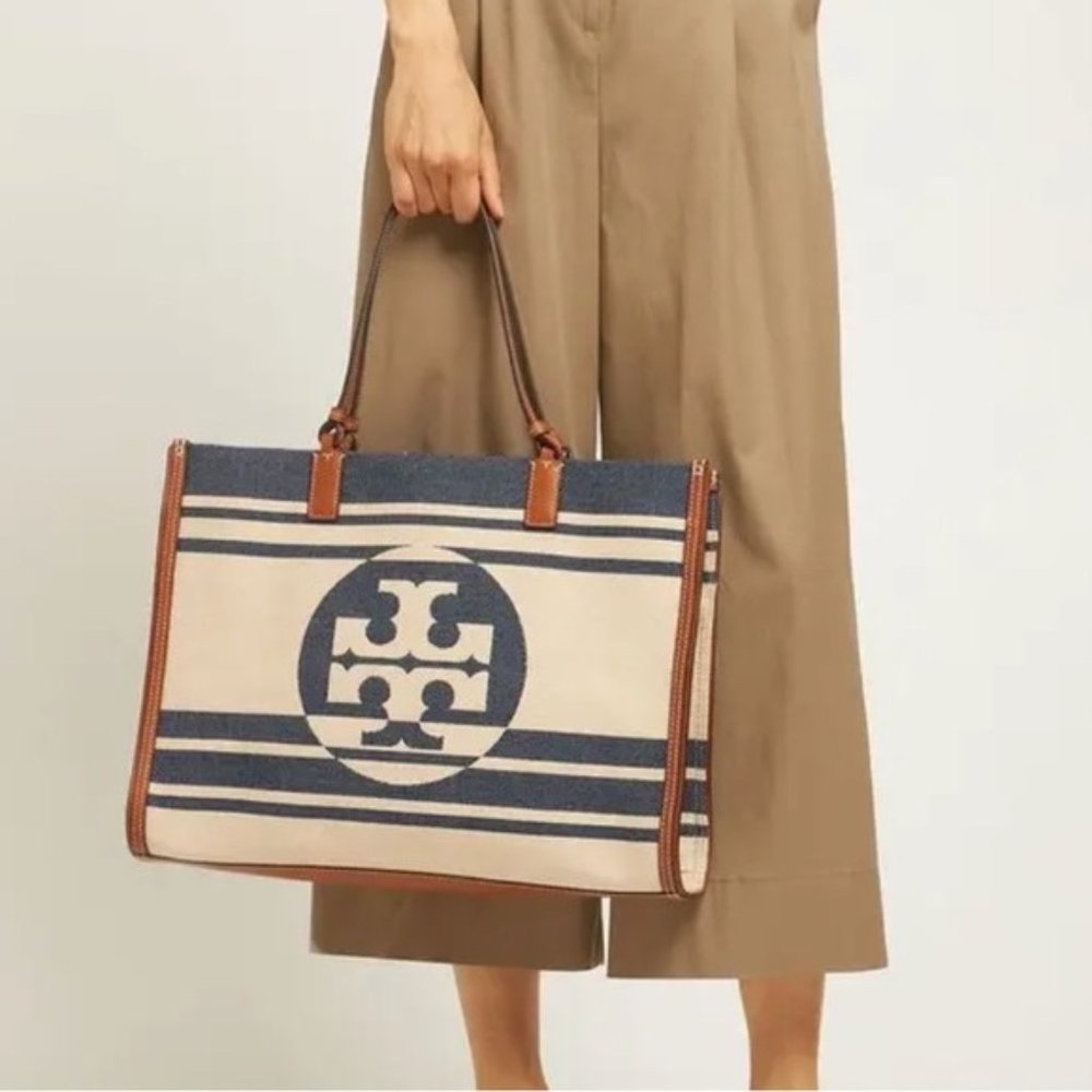 New Tory Burch Ella Stripe Jacquard Tote Bag